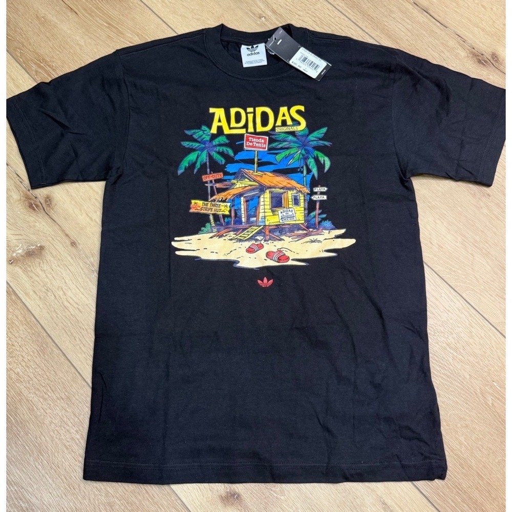 Adidas Originals Mens Tropical Beach Hut Graphic T-Shirt Black Large NWT
